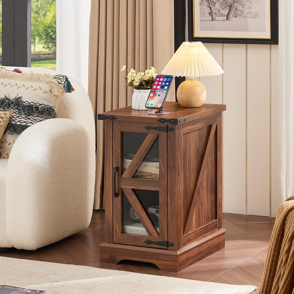 Joaxswe Farmhouse Coffee Table Sets 2 Pieces, Narrow Night Stand with Glass Barn Door Storage, Large Coffee Tables with Hidden Storage Organizer, Wood Furniture Sets for Living Room, Office, Brown