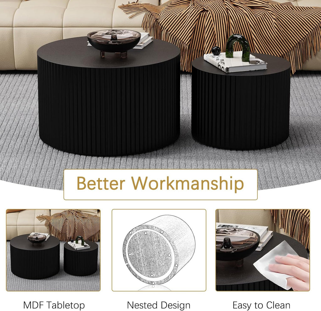 Round Coffee Table Set of 2 Modern Nesting Coffee Tables Wooden Drum Coffee Tables with Non-Slip Feet, Circle Nesting Tables End Table for Living Room Office, No Assembly (Black 27.56'+19.69')