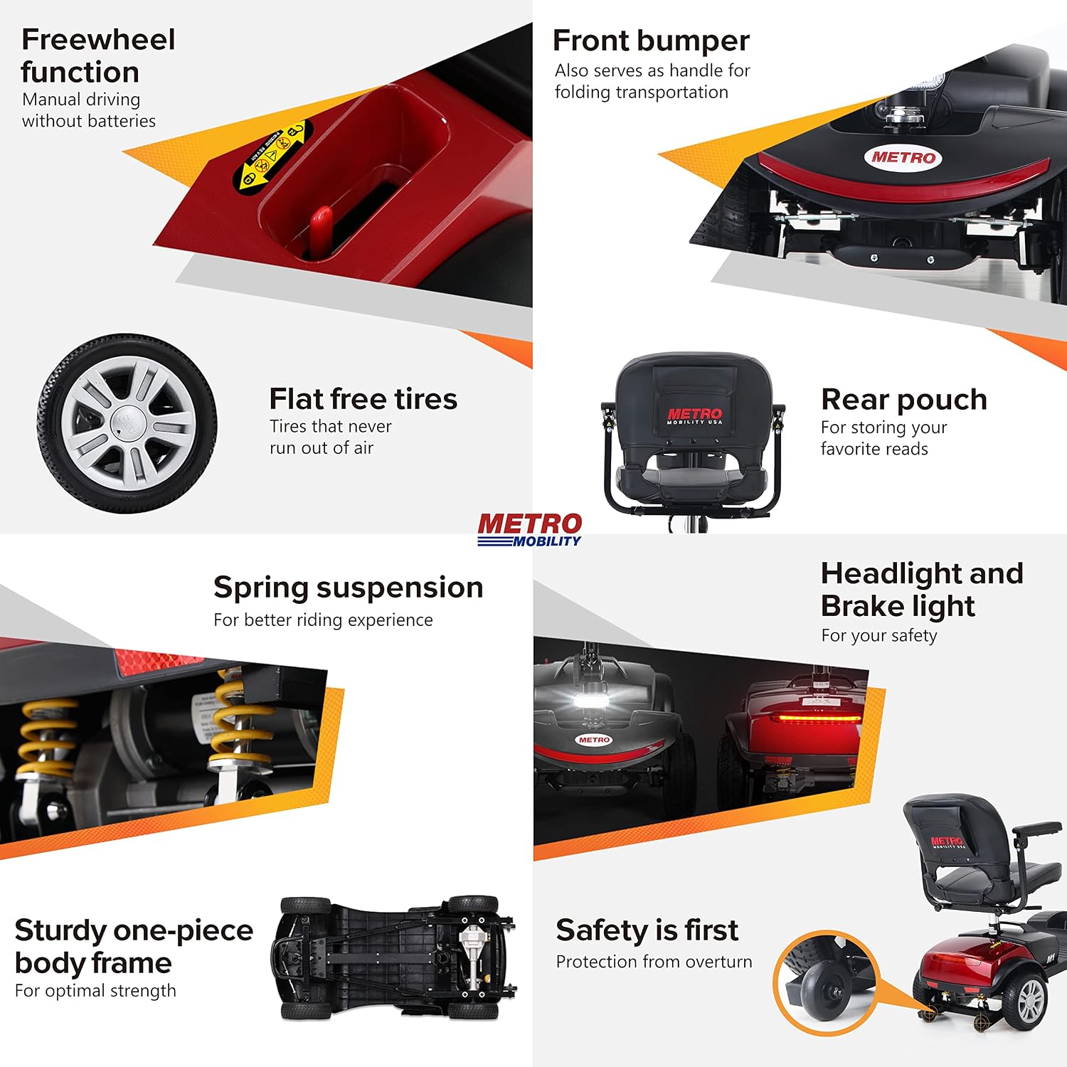 Metro Mobility 4 Wheel Foldable Mobility Scooter for Adults - 300 lbs Capacity Electric Mobility Scooters for Seniors, Travel - Long Range Power Extended Battery with Charger and Basket - Red