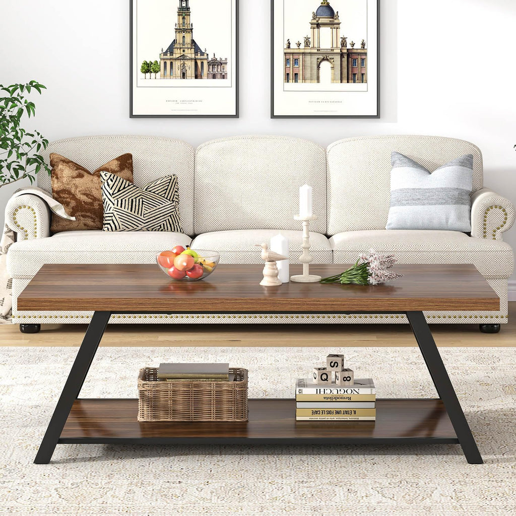EXCEFUR Modern Coffee Table, Industrial Living Room Center Table with Storage Shelf, Rectangle Wood and Metal Cocktail Tea Table, Rustic Walnut, 47 Inch