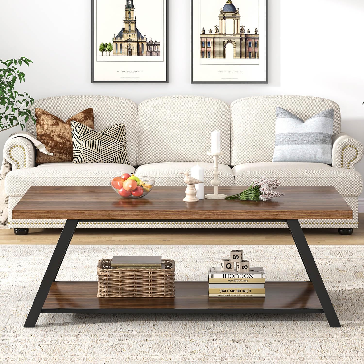 EXCEFUR Modern Coffee Table, Industrial Living Room Center Table with Storage Shelf, Rectangle Wood and Metal Cocktail Tea Table, Rustic Walnut, 47 Inch