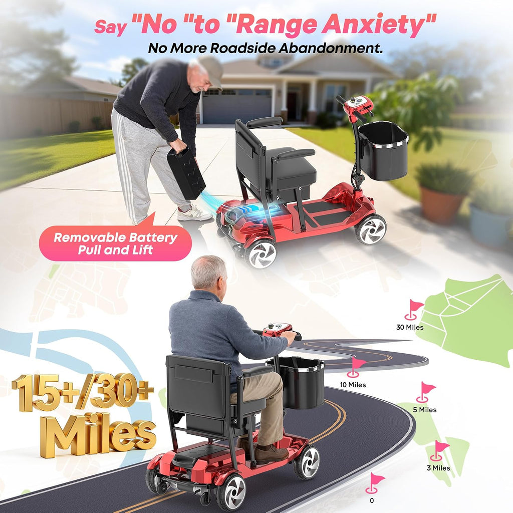 Mobility Scooters, Lightweight Electric Scooters for Seniors&Adults | 49lb Aluminum Frame with Removable Battery, Foldable Motorized Scooters for Trips, Shopping, Daily Use, Race Red, 10 Ah