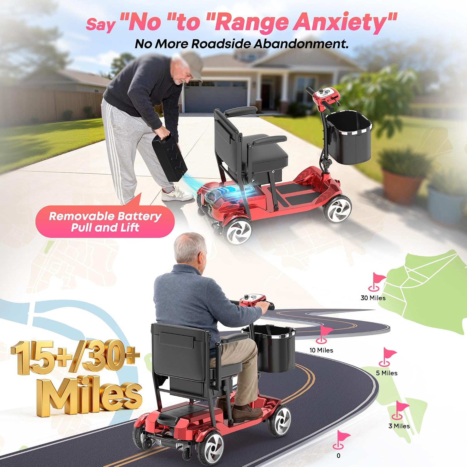 Mobility Scooters, Lightweight Electric Scooters for Seniors&Adults | 49lb Aluminum Frame with Removable Battery, Foldable Motorized Scooters for Trips, Shopping, Daily Use, Race Red, 10 Ah