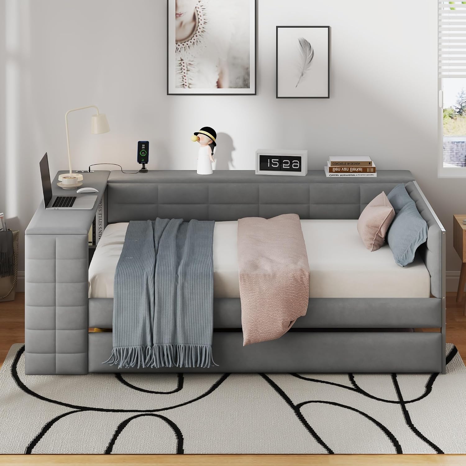 Virubi Full Size Daybed with Trundle，Corner Bed Frame with Storage Shelves, Back Cushion，Upholstered Wood Bed Frame with Charging Station for Small Space,Teen Room,Dorm and Home Office,Gray