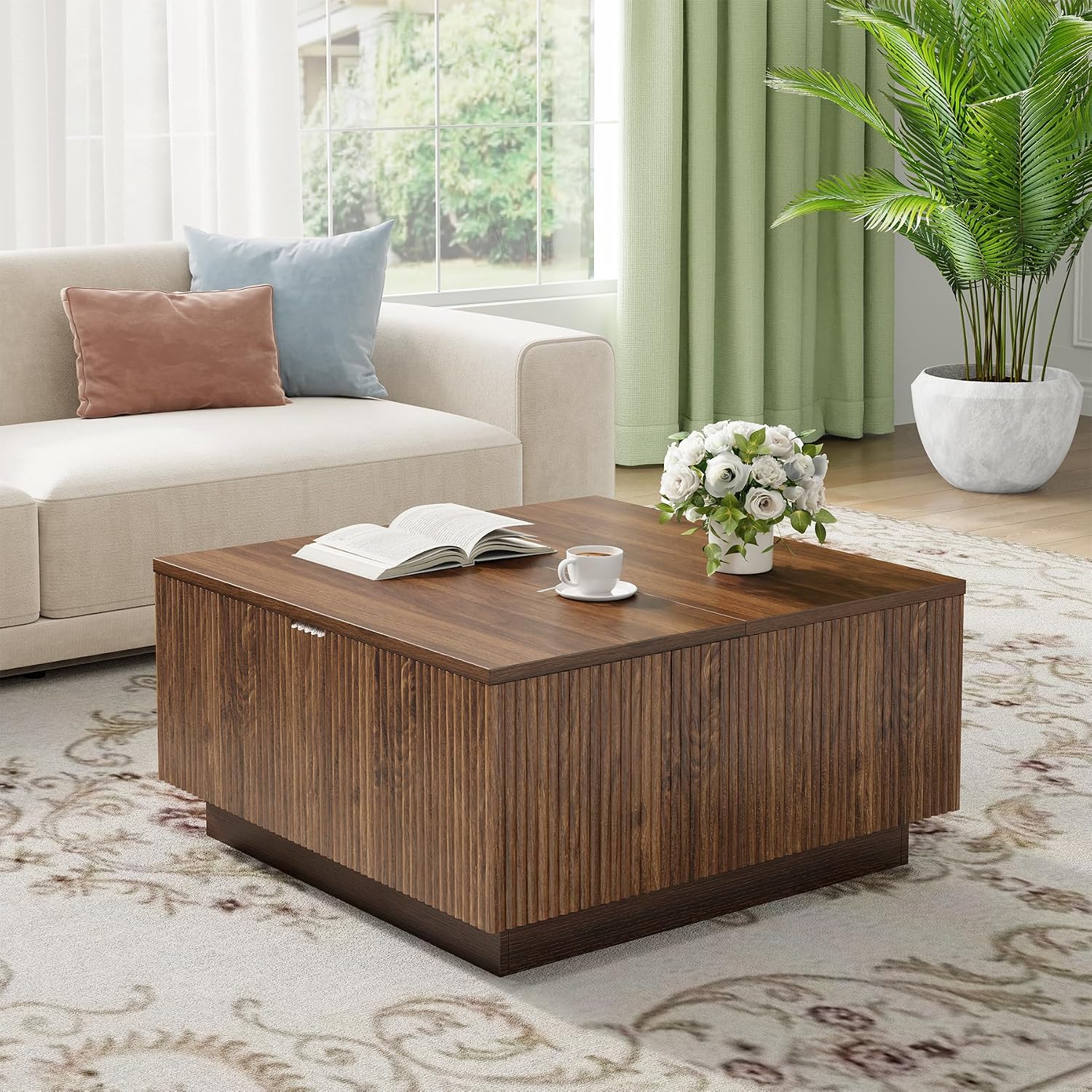 Epecoya Lift Top Coffee Table, Farmhouse Square Fluted Center Table, 31' Modern Wooden Tea Table with Hidden Storage for Living Room, Apartment, Small Spaces, Brown Walnut