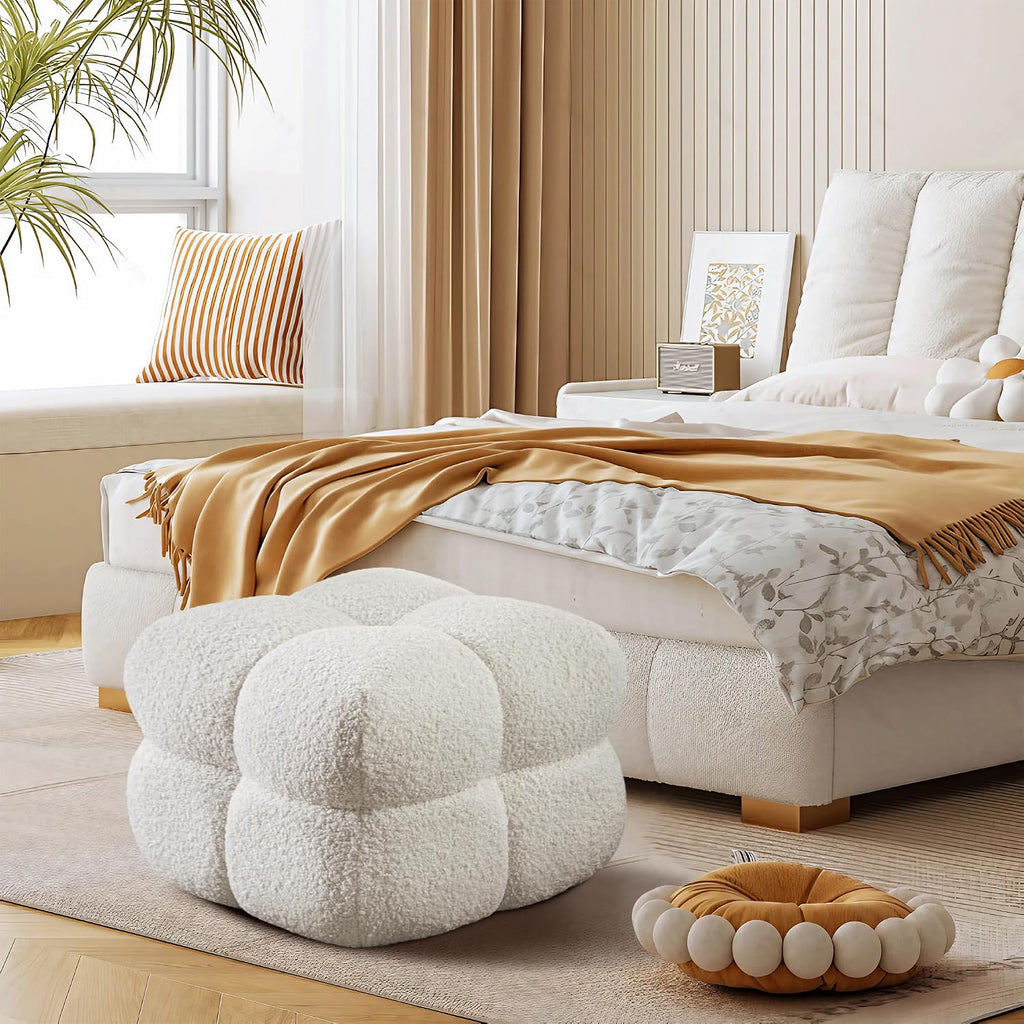 ONEVOG 21' Cream White Modern Ottoman, Square Fuzzy Couch Sherpa Pouf Ottoman, Tufted Fluffy Boucle Fabric Foot Stools, Upholsered Footrest & Coffee Table for Living Room Bedroom, Cute Pouf Home Decor