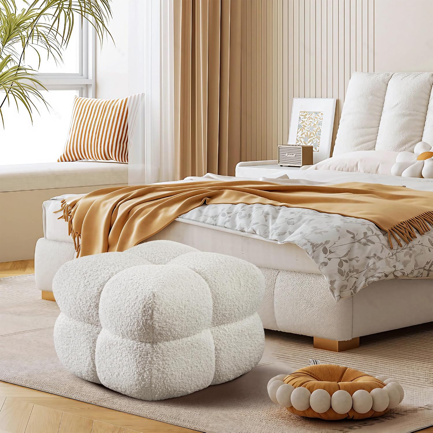 ONEVOG 21' Cream White Modern Ottoman, Square Fuzzy Couch Sherpa Pouf Ottoman, Tufted Fluffy Boucle Fabric Foot Stools, Upholsered Footrest & Coffee Table for Living Room Bedroom, Cute Pouf Home Decor