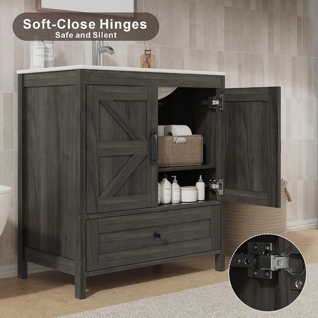 KIGOTY 30 Inch Farmhouse Bathroom Vanity Without Sink, Wooden Bathroom Storage Cabinet Without Countertop, Freestanding Bathroom Cabinet with 2 Doors and 1 Drawer