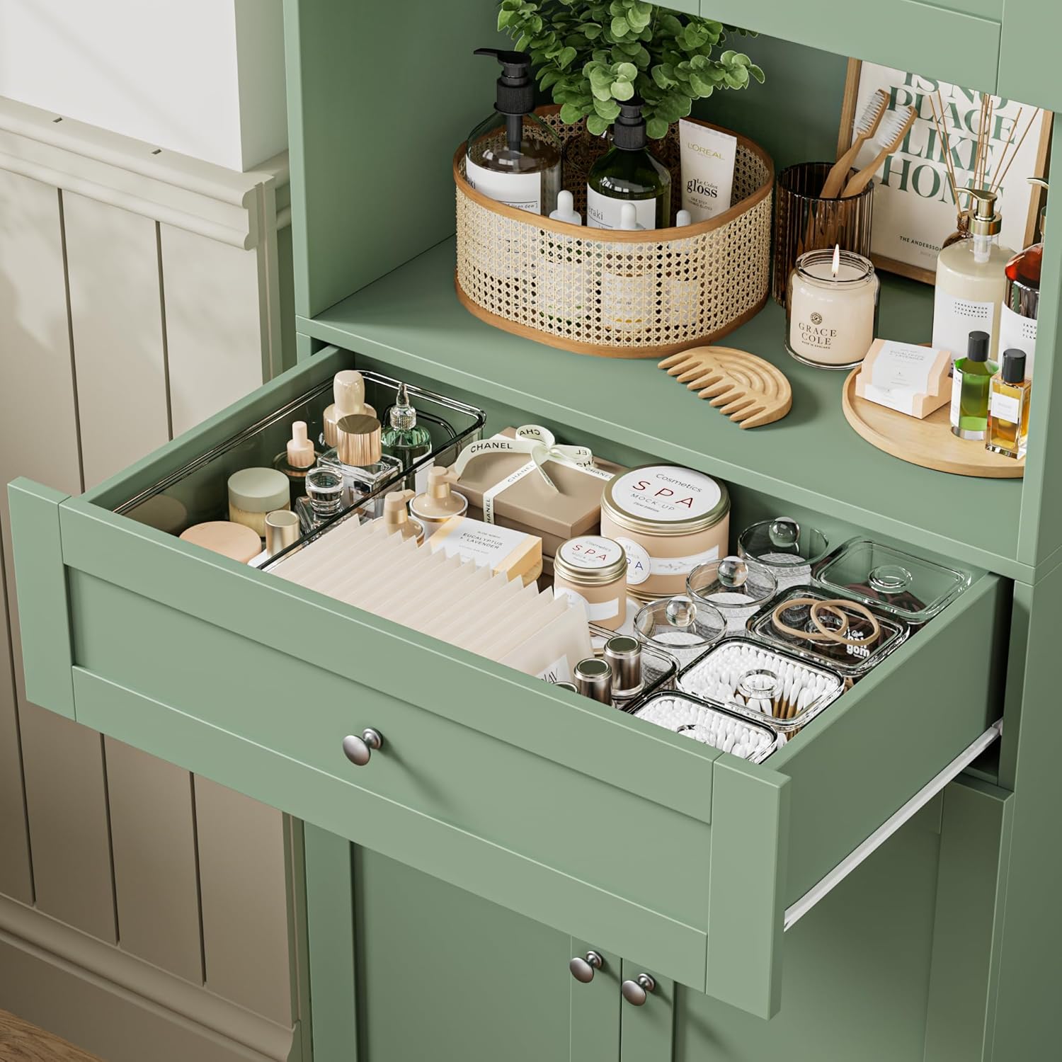 Tall Bathroom Storage Cabinets with Drawer, Modern Linen Cabinet with Doors & Shelves, 67'H Tall Storage Cabinet Freestanding for Bathroom, Dining Room, Kitchen & Pantry, Laundry, Narrow Corner, Green