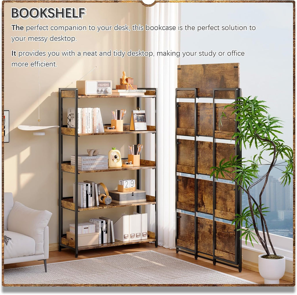 4NM Extra Wdie No Assembly Folding Bookshelf, 64.3' H x 30.9' W, 5 Tier Collapsible Book Shelf Bookcase Foldable Shelves for Bedroom Living Room Home Office - Rustic Brown & Black