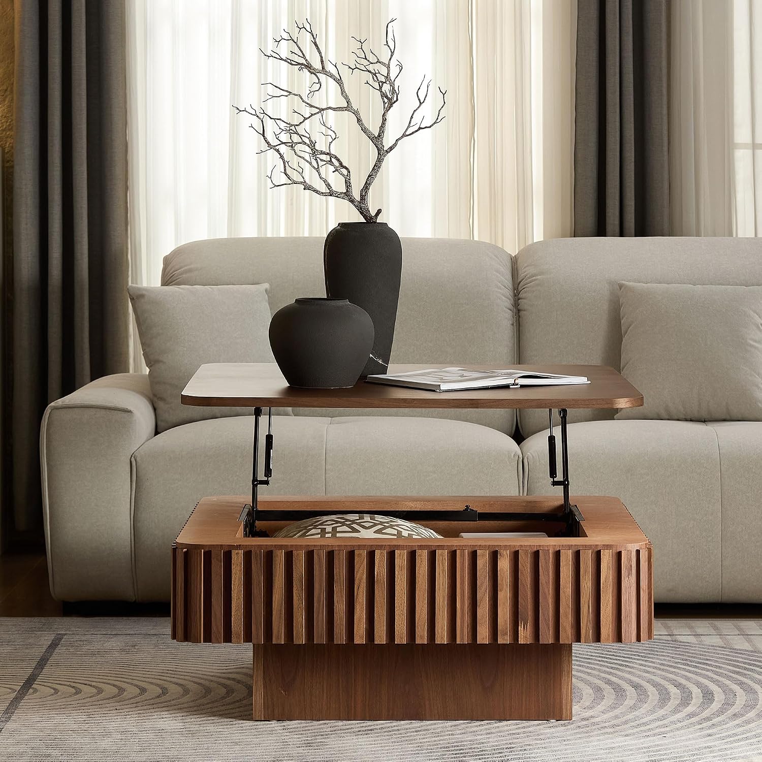 Square Coffee Table with Lift Top for Living Room Lift Up Coffee Table with Storage Fluted Coffee Tables Mid Century Modern Center Tables for Apartment 35.43'' Walnut
