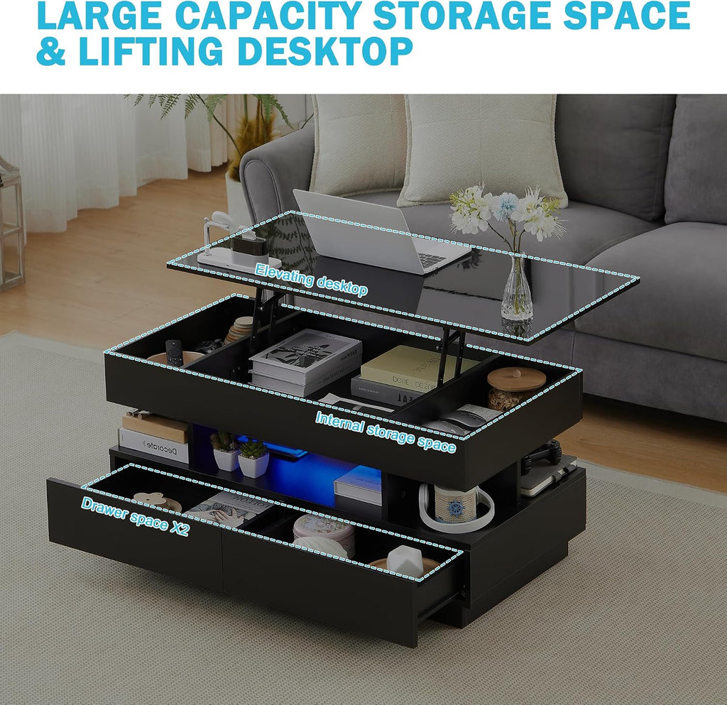 Lift Top Coffee Table, Modern Coffee Table with Hidden Compartment and Ajustable LED Light, Lift Tabletop Dining Center Table with 2 Storage Drawers for Living Room, Office (Black)