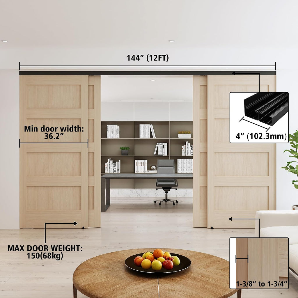 Heavy Duty Bypass Sliding Closet Door Track Hardware 144', 12 FT Aluminium Track Rail Set, Smoothly and Quietly, for 4 Door System,Black