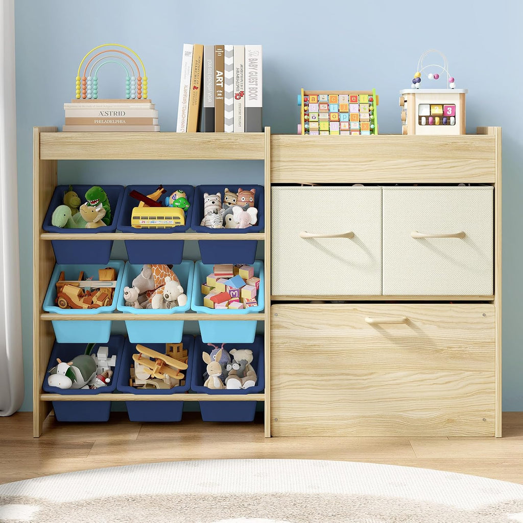 EXPERLAM Toy Storage Organizer for Kids, 9-Bin Toy Organizer with 2-Drawers,Movable Toy Chest and Top Rack, Kids Bookshelf and Toy Storage for Playroom, Bedroom, Nursery, Blue