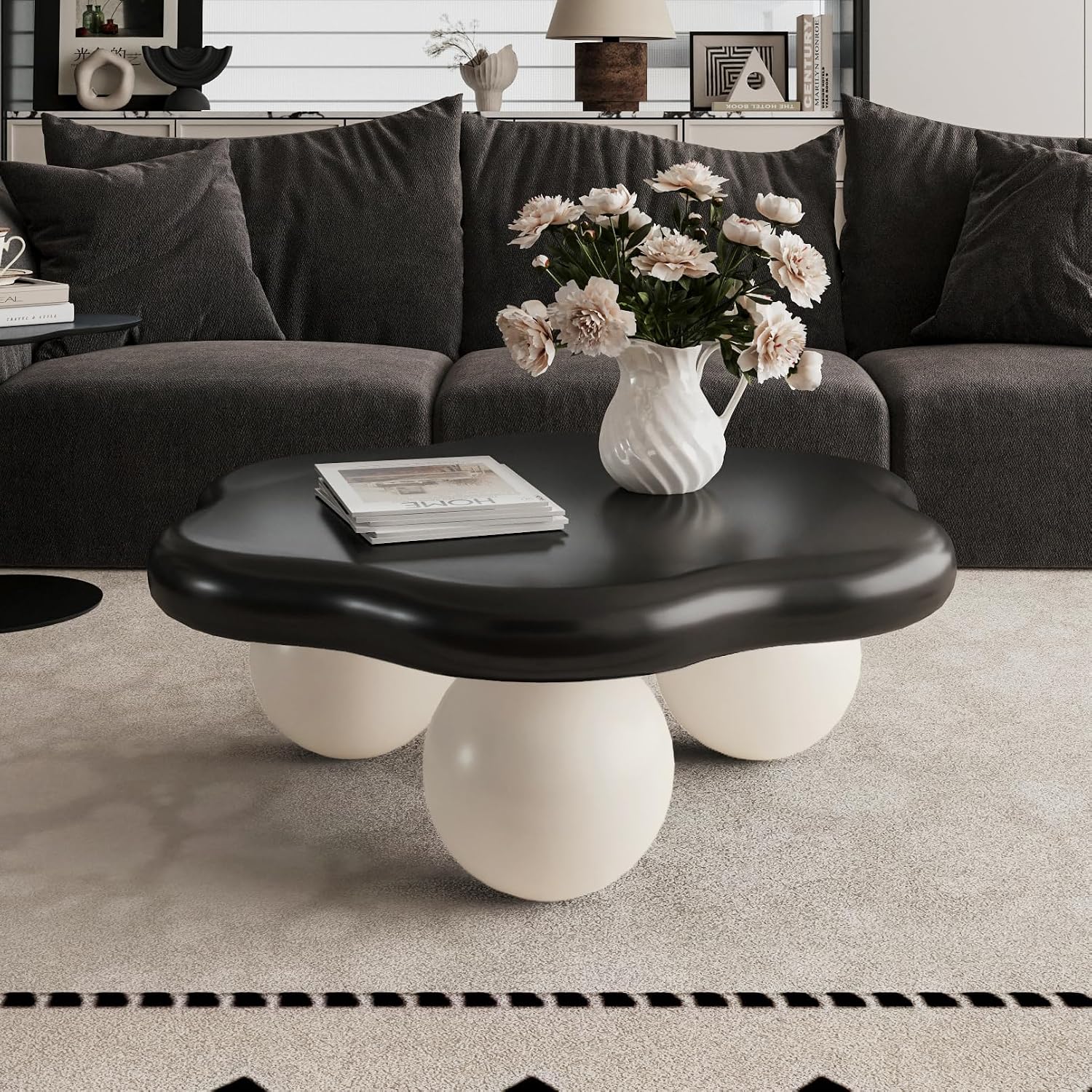 35.03' Cloud Coffee Table for Living Room Unique Coffee Table Modern Low Coffee Tables Cute Center Table with 3 Ball Legs for Small Space Apartment Cream Flower- Black & White
