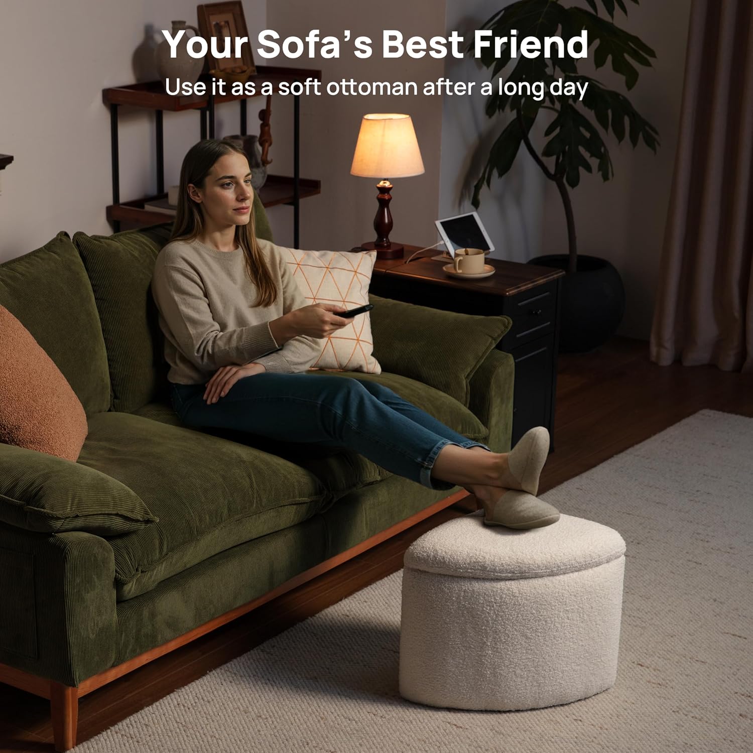 Square Coffee Table with Stools Underneath, Wood Ottoman Coffee Tables with 4 Boucle Storage Ottomans & Seats, Mid-Century Modern Coffee Table with Chairs for Living Room, Small Space, Natural&White