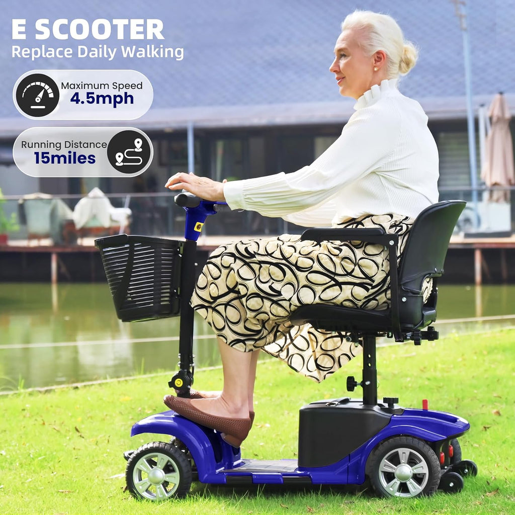 SUNDERWELL Mobility Scooters for Seniors & Adults, Compact Foldable Mobility Scooter with Tool-Free Disassembly, 15 Miles Electric Powered Mobility Scooters with 300 lb Capacity & USB Port (Blue)