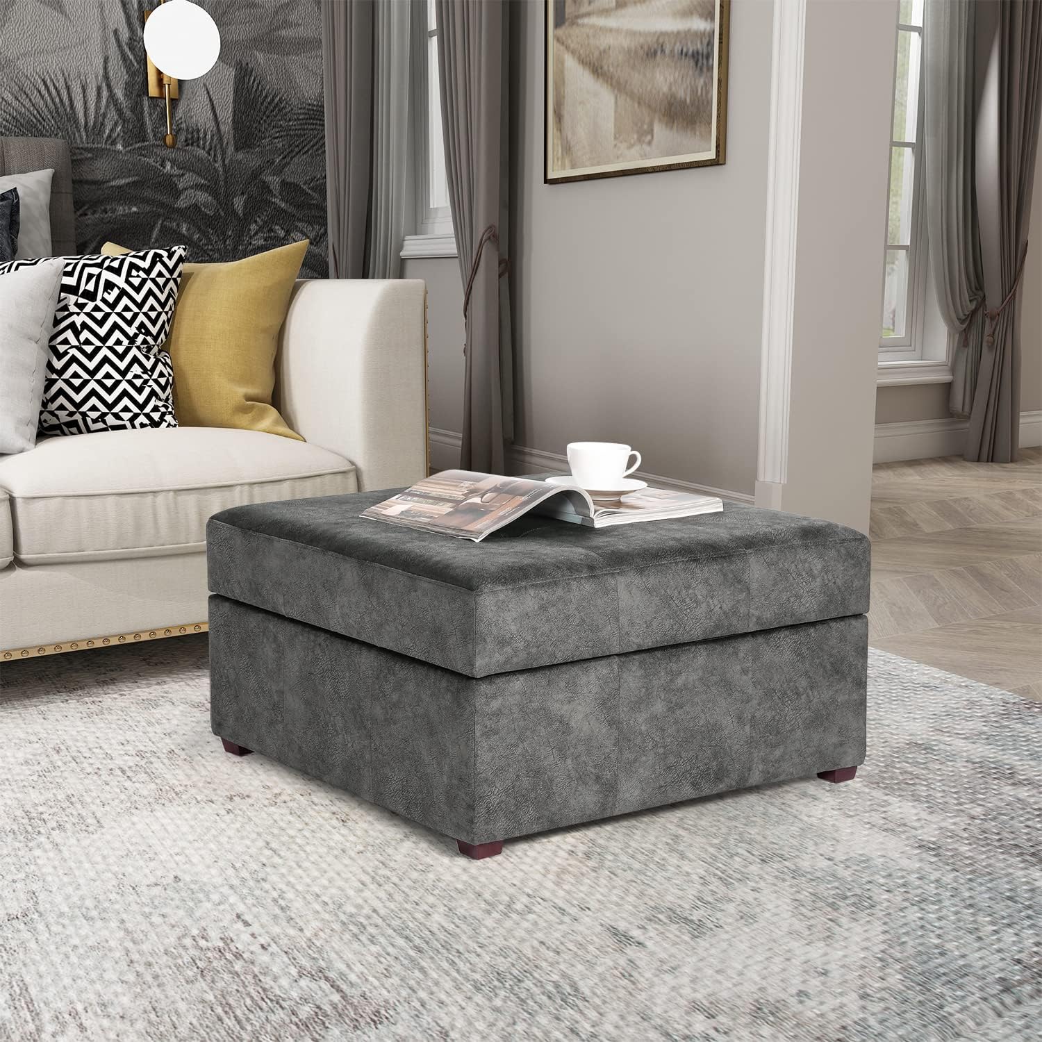 Homebeez Storage Ottoman Bench Fabric Button Tufted Coffee Table Footstool, Footrest with Wood Legs for Living Room (Black Gray)