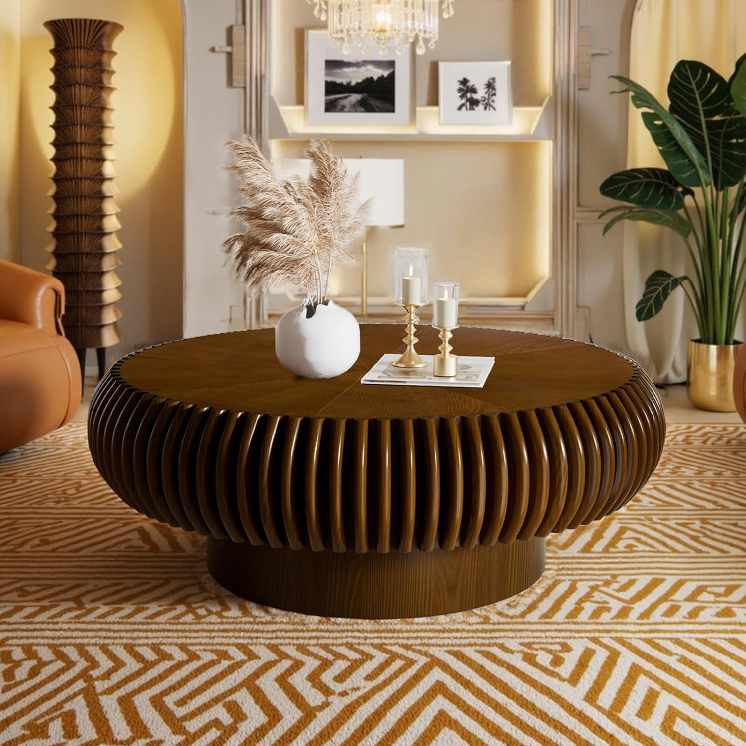 Fluted Drum Coffee Table Round Coffee Table for Living Room Mid Century Modern Coffee Tables with Sturdy Pedestal Circle Center Tea Table Accent Tea Table for Small Space Apartment (31.5' Walnut)