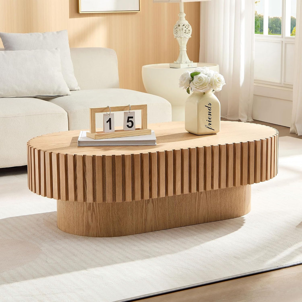 Oak Coffee Table for Living Room Oval Wooden Coffee Table with Pedestal Modern Handcrafted Centre Table Tea Table Easy Assembly 43.7'