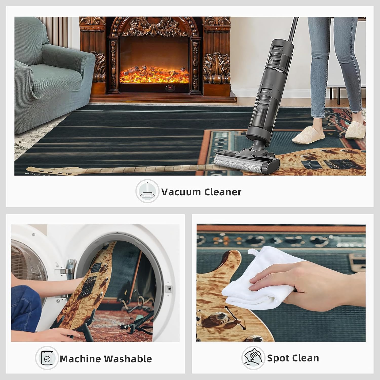 Guitar Rugs for Music Room - 5x7 Rug, Americana Guitars Rug, Musical Instrument Washable Area Rugs for Bedroom, Rock and Roll Carpet, Boys Room Carpet - Guitar Home Decor & Gift