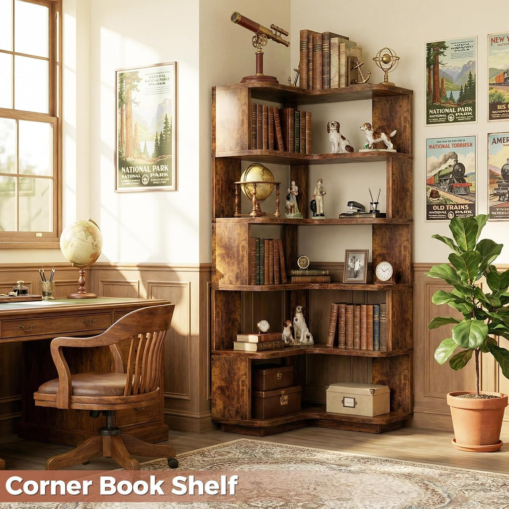 Besiost Corner Book Shelf, 6-Shelf Corner Bookshelf for Small Corner Spaces, L-Shape Bookcase Corner Display Shelf for Home Office, Living Room, Bedroom, Kitchen Pantry, Rustic Brown