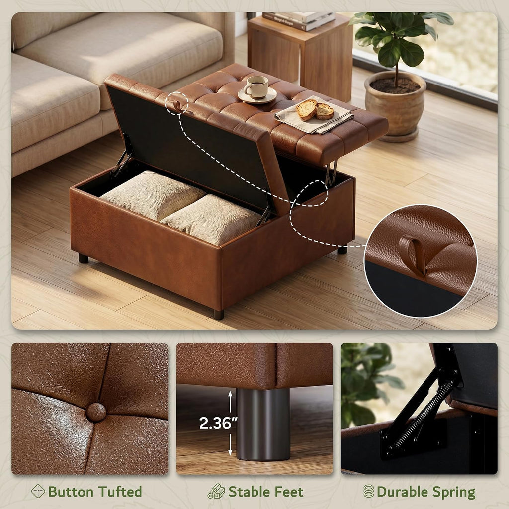 LINLUX 35.5 Inch Large Leather Storage Ottoman, Square Ottoman Coffee Table, Lift Top Tufted Ottomans Toy Box Footrest for Living Room, Brown