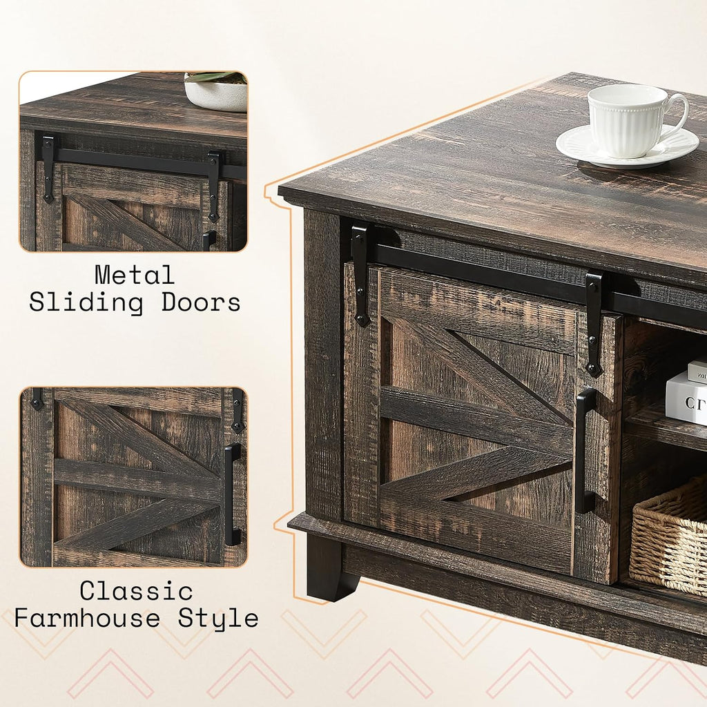 AMERLIFE Farmhouse Coffee Table with Sliding Barn Doors & Storage Cabinet for Living Room, 48' Modern Center Table, Adjustable Shelves, Rustic Oak Black
