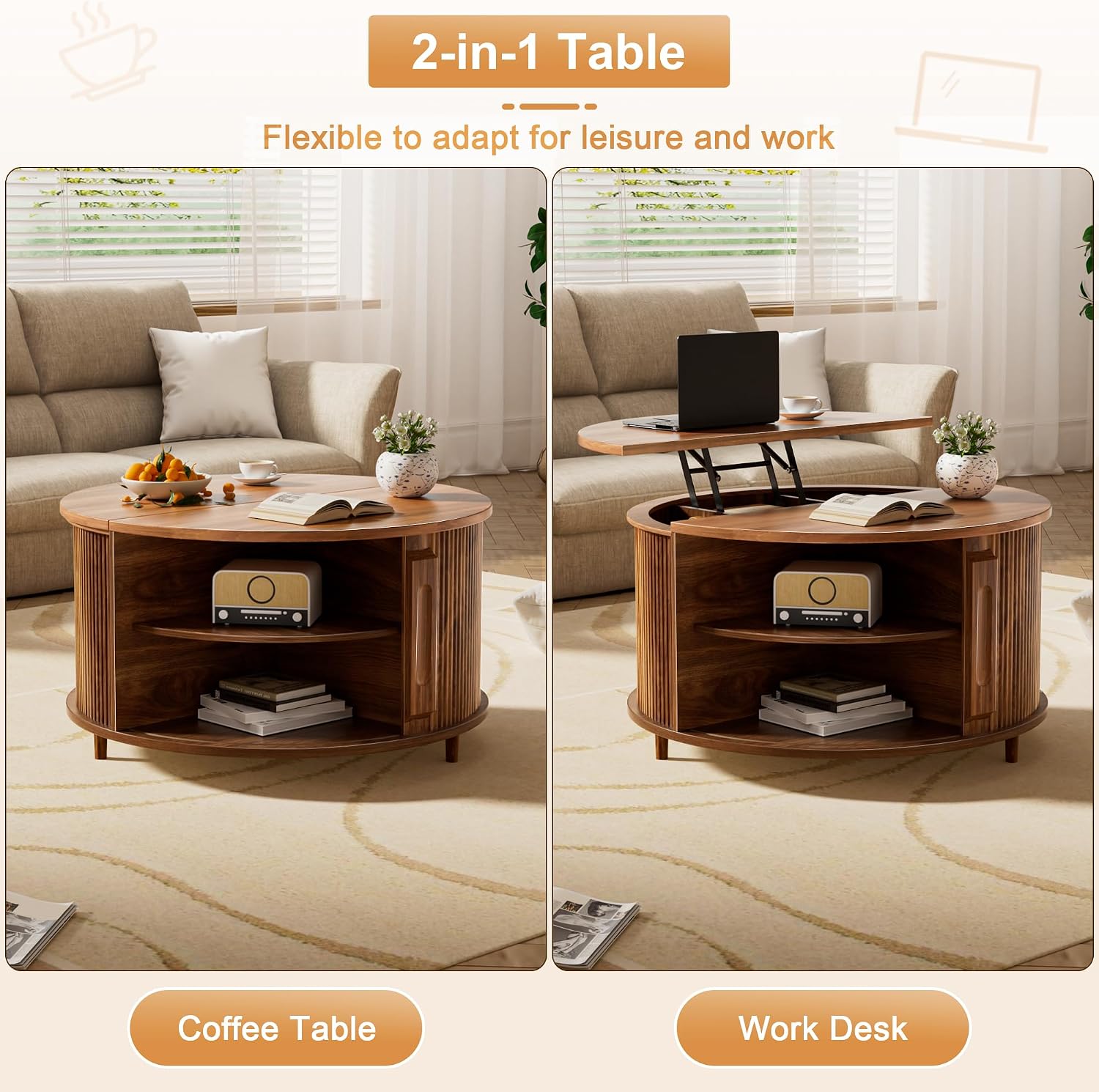 Round Lift Top Coffee Table, 31.5' Fluted Wood Lift Up Center Table with Sliding Door & Hidden Storage, Mid Century Modern Coffee Table for Living Room & Home Office (Walnut)