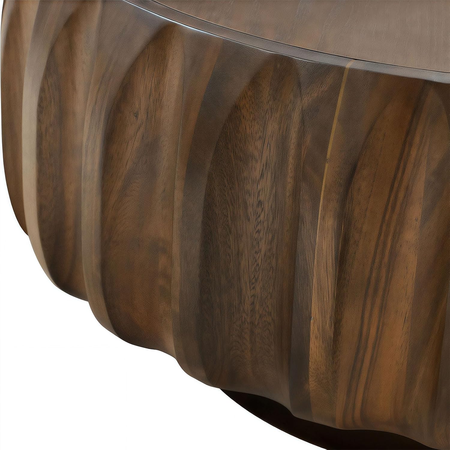 31.5'' Walnut Round Wood Coffee Table for Living Room, Modern Contemporary Circle Fluted Drum Pedestal Coffee Table, Natural Wood Grain & Easy Assembly, Walnut