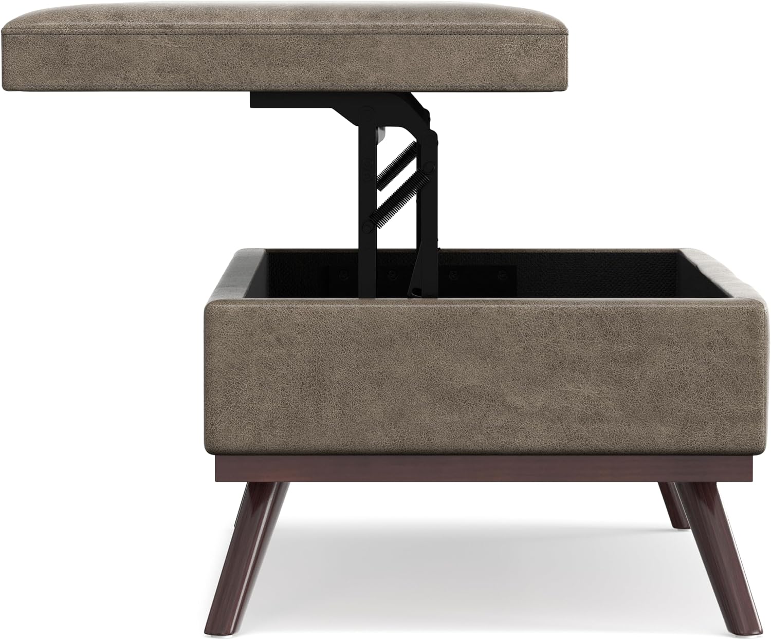 SIMPLIHOME Owen Lift Top Coffee Table Storage Ottoman - 42 inch Wide Upholstered Vegan Leather Rectangular Lift-Top Ottoman in Distressed Smoky Grey Brown, Mid-Century Modern Ottoman for Living Room