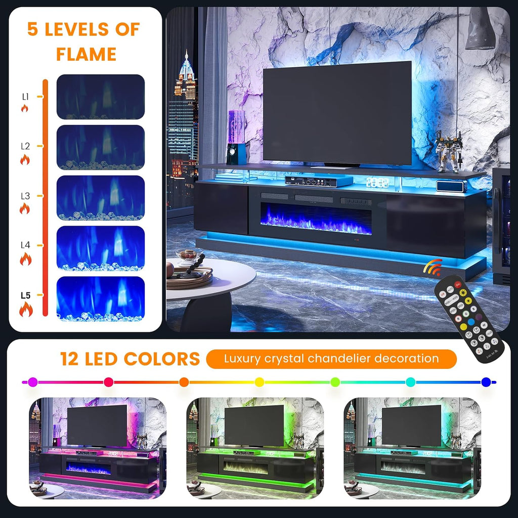 4-Piece Modern Living Room Table Set, Includes High Gloss 70' Fireplace TV Stand, 47' LED Coffee Table and 15' End Tables Set of 2 with Storage Drawers, Black