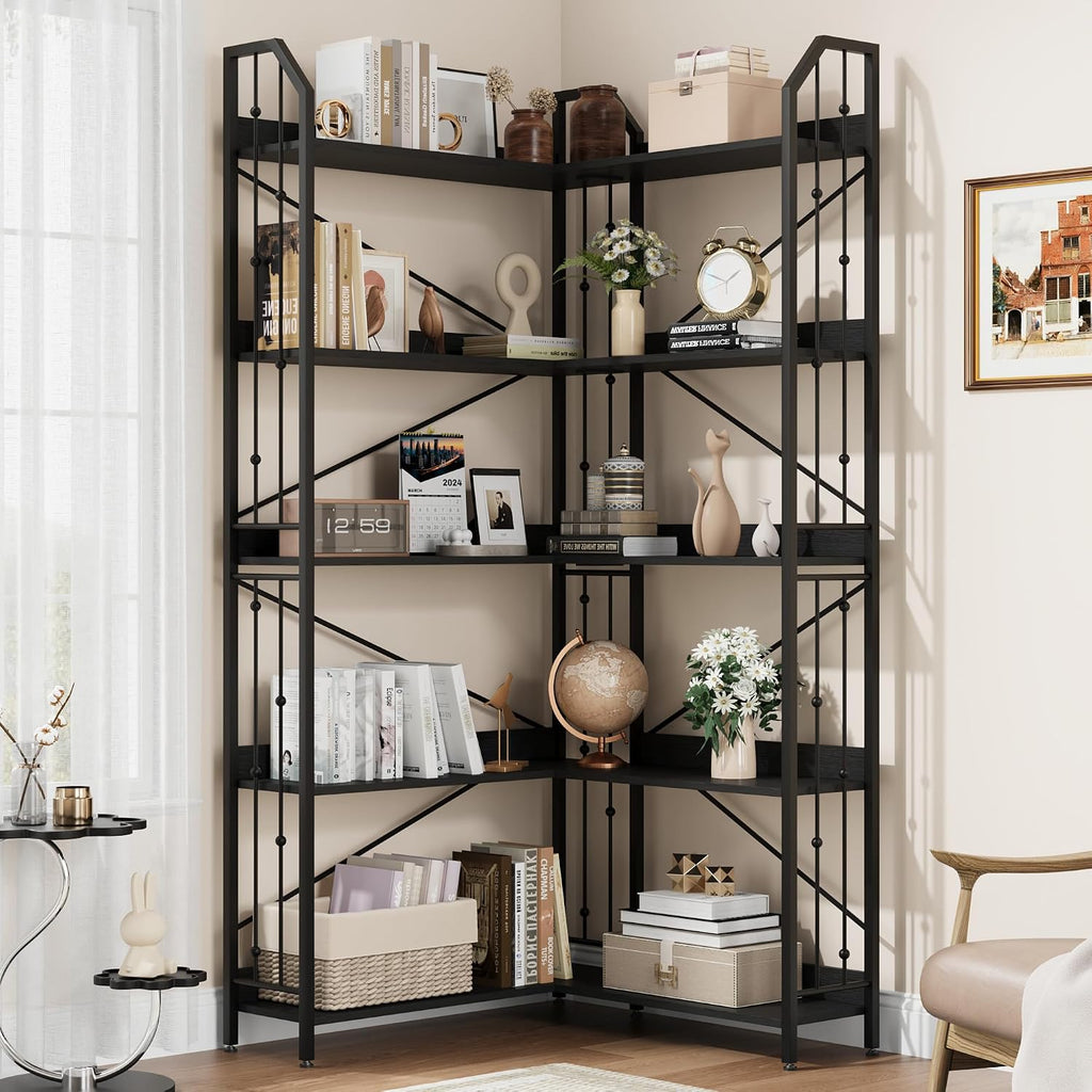 Takywep 72' Corner Bookshelf, l-Shaped 5 Tier Bookcase, Tall Corner Bookcase with Beaded Design, Large Display Shelf for Living Room Bedroom Black