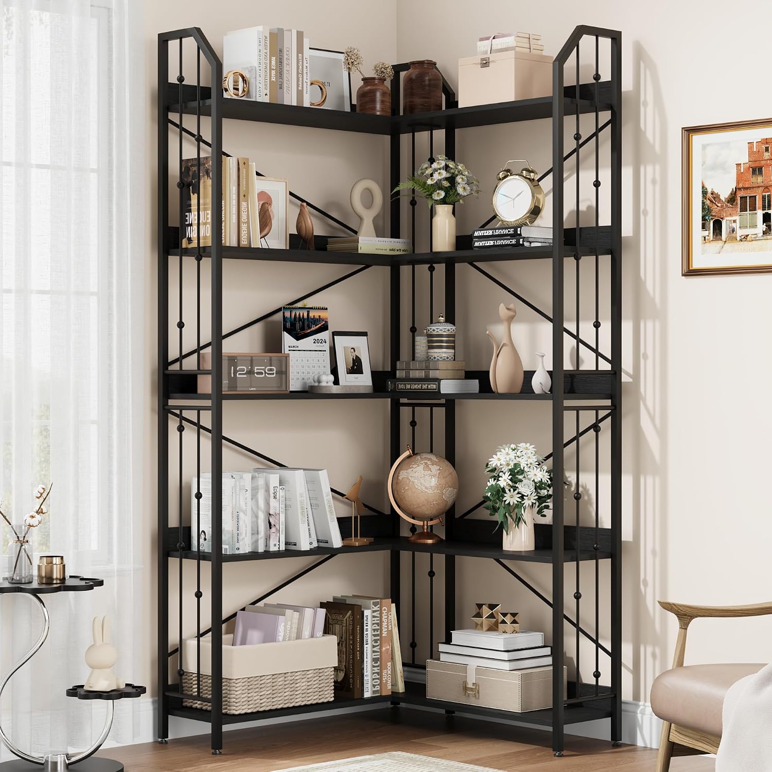 Takywep 72' Corner Bookshelf, l-Shaped 5 Tier Bookcase, Tall Corner Bookcase with Beaded Design, Large Display Shelf for Living Room Bedroom Black
