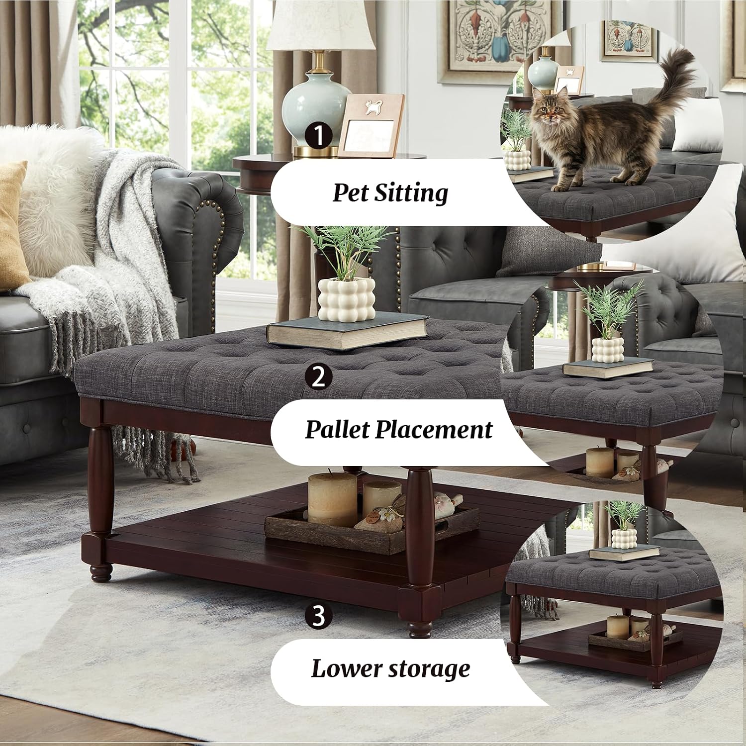 Ottoman Coffee Table, Upholstered Square Coffee Table with Storage Solid Wood Shelf, Linen Large Footrest Ottoman Pouf for Living Room, Dark Gray