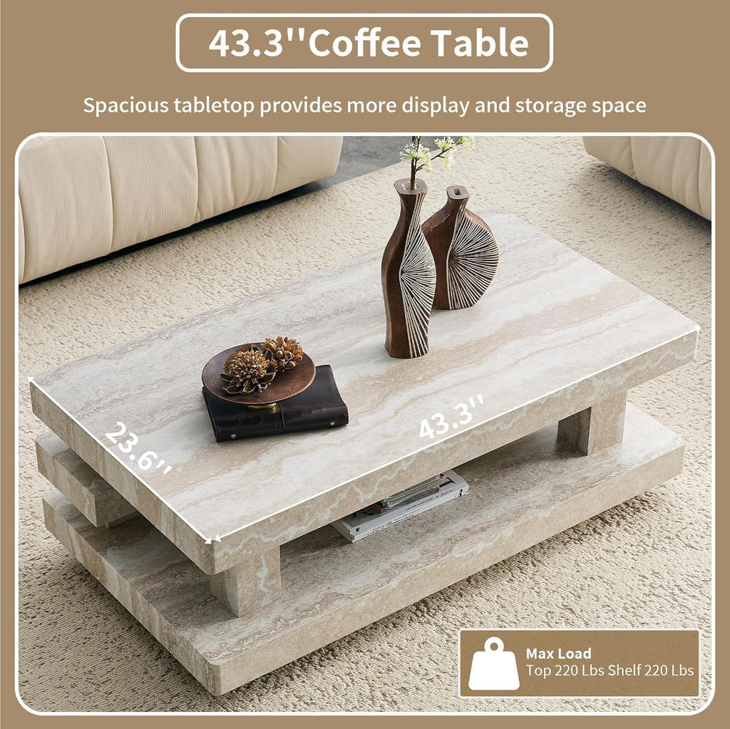 LKTART 43.3' Coffee Table, 2-Tier Stone Travertine Pattern Center Table with Open Storage, Mid Century Rectangular Wood Tea Table for Living Room, Bedroom, Office