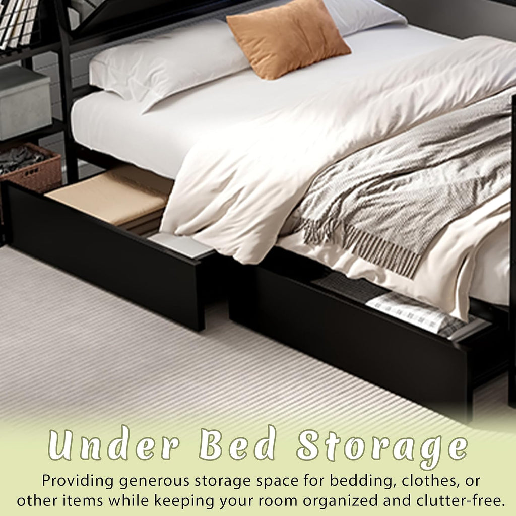 Twin Corner Bed Frame with Desk and Storage, Twin Size Daybed with Bookcase Shelves, LED Lights & Charging Station, L-Shaped Bed with Storage Drawers for Kids Teens, No Box Spring Needed (Black)