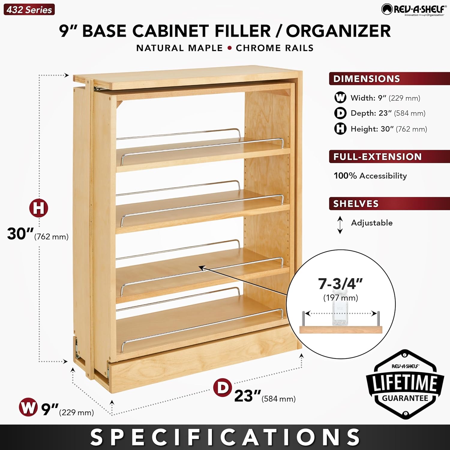 Rev-A-Shelf Pullout Shelf Organizer for Base Kitchen or Bathroom Cabinets, Wood Filler Pantry Storage or Spice Rack, Maple, 9' x 23' x 30', 432-BF-9C