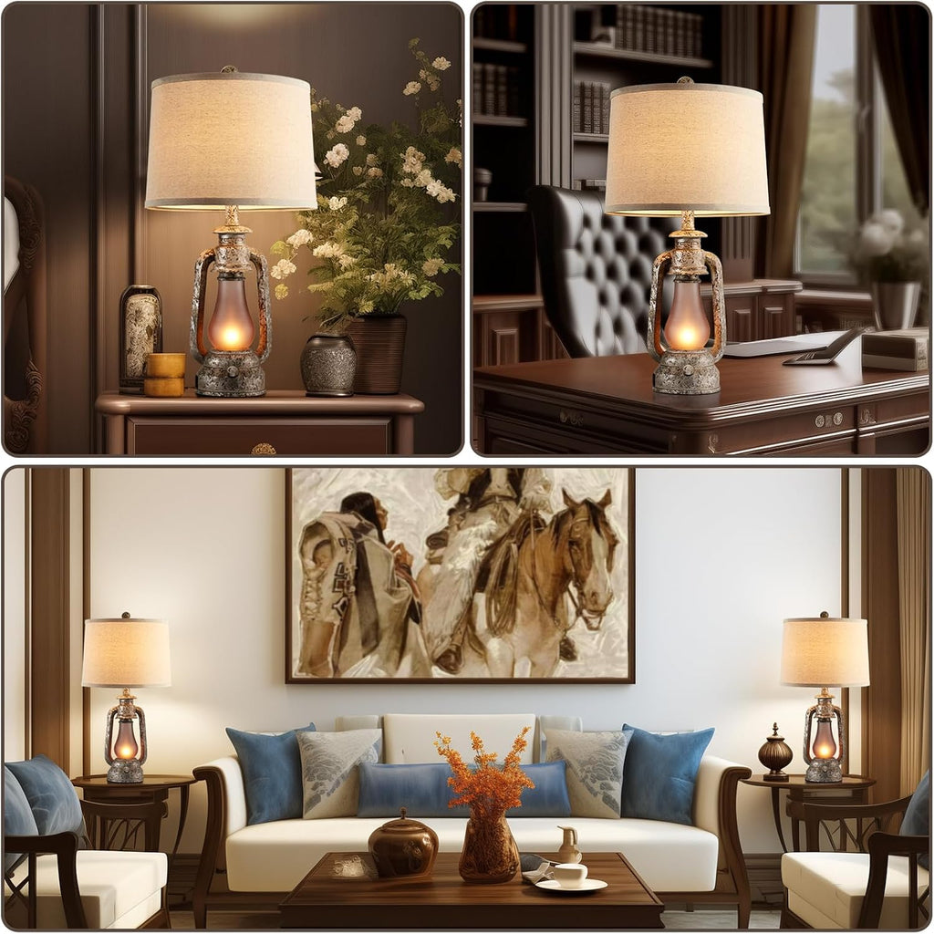 Farmhouse Rustic Table Lamps for Living Room Set of 2,Vintage Lantern Table Lamp with Dual USB Ports, 25' Tall Retro Bedside Lamp for Bedroom Nightstand, 4 Bulb Included (Iron Gray)