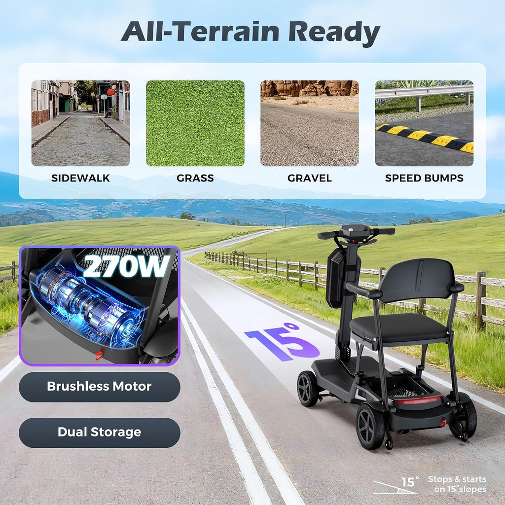 Lightweight Mobility Scooter for Seniors & Adults - 37.5 lb Aluminum Frame, Cruise & Airline Approved, Foldable Portable Motorized Scooter, No Assembly Needed, Removable Batteries, 265lb Load, Black