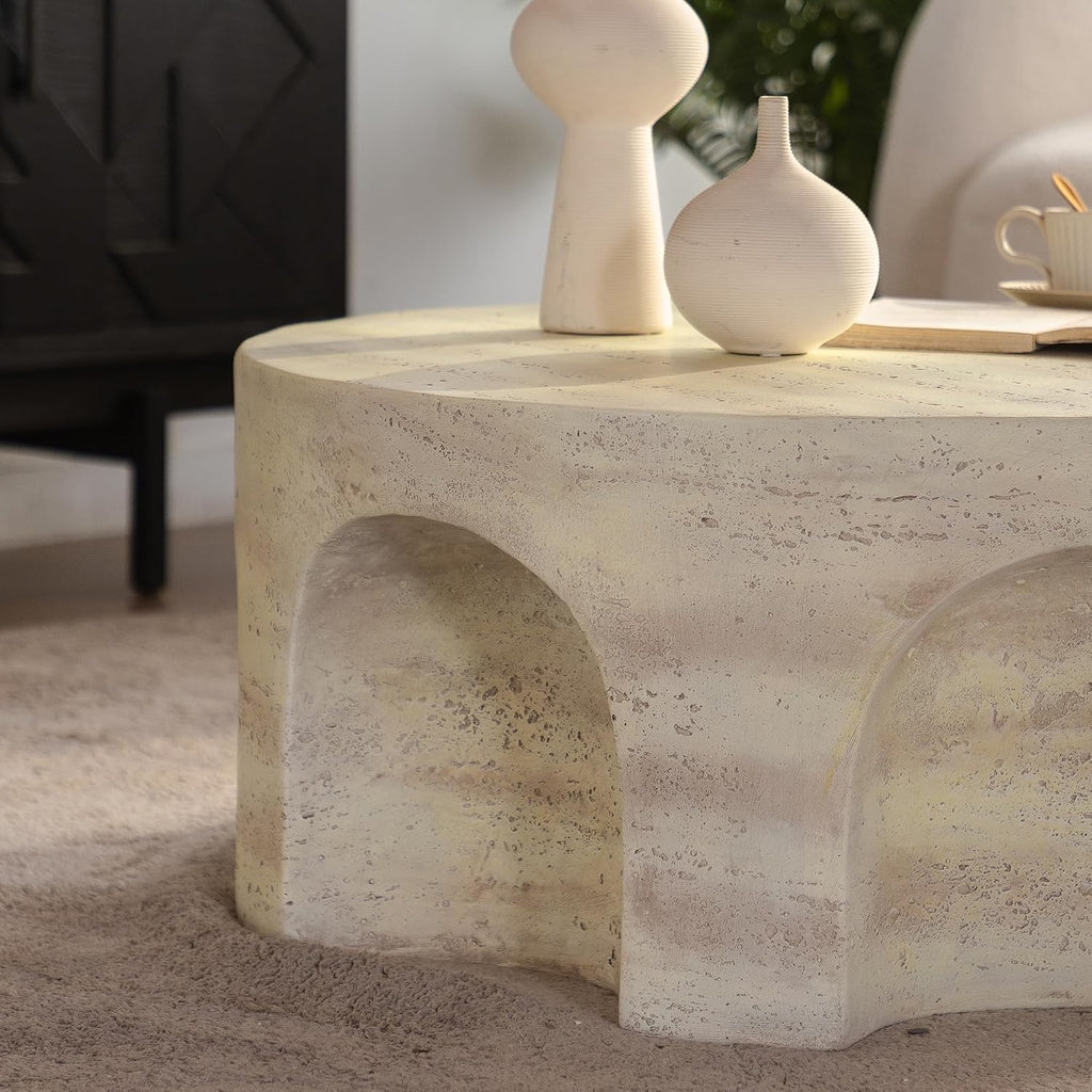 WILLIAMSPACE 31.5' Round Marble Coffee Table with Unique Arched Cutout Base, Modern Faux Stone Center Table Drum Coffee Tea Table for Living Room, Magnesium Oxide, No Assembly, Amber