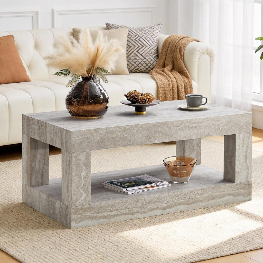 LKTART 39.37' Faux Travertine Stone Coffee Table with Storage, 2-Tier Mid Century Rectangular Accent Table with Thick Tabletop, Rustic Style Cocktail, Center Table for Living Room, Office(Beige)