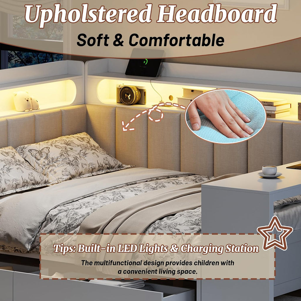 Full Size Corner Bed Frame, Full Size Daybed with Storage Shelves & Storage Drawers, Wood Corner Bed with Charging Station & LED Light, Desk & Upholstered Headboard and Backrest, White