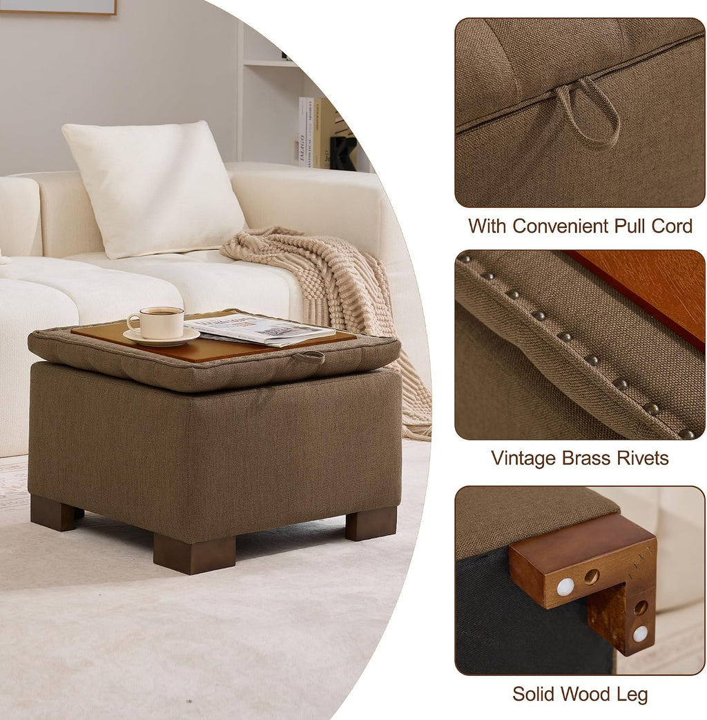 WUTUTUEE 24' Fabric Square Storage Ottoman with Wooden Tray, Modern Tufted Button Footstool Coffee Table, Upholstered Small Ottoman for Living Room, Bedroom, Brown