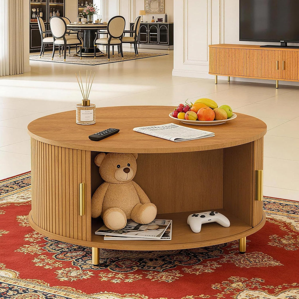 DHH Round Coffee Table, 31.5' Mid Century Modern Coffee Table with 360° Sliding Tambour Door, Fluted Accent Coffee Table with Storage,Adjustable Footpads for Living Room, Yellow Walnut