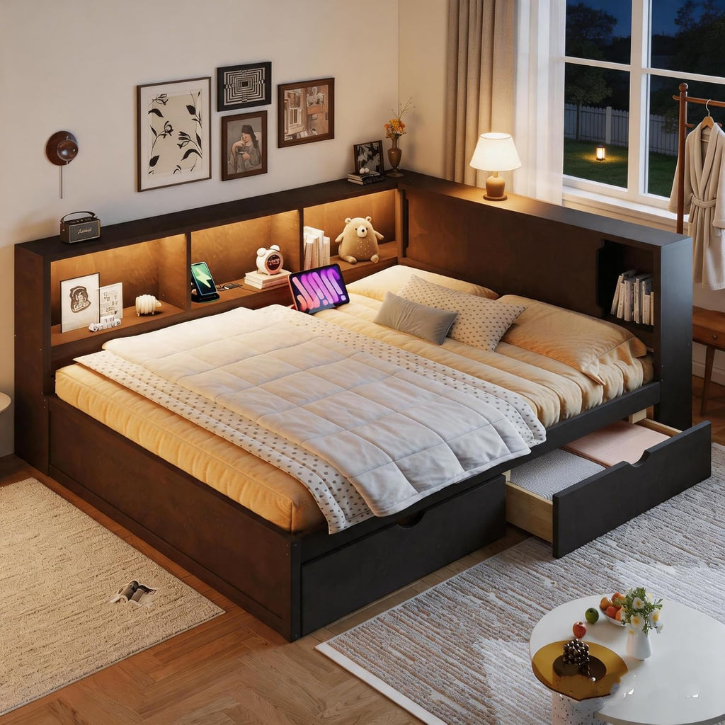 RuiSiSi Queen Size Daybed with L-Shape Bookshelf, Wood Corner Storage Bed Frame with Drawers and LED, Brown
