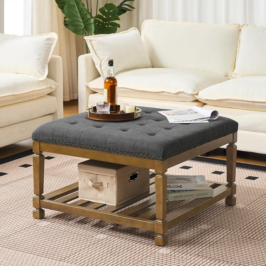 Befurtori Large Square Ottoman Coffee Table, Linen Solid Upholstered Footrest Ottoman with Solid Wood Shelf Storage Tufted Coffee Table for Bedroom Living Room-Dark Gray