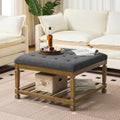 Befurtori Large Square Ottoman Coffee Table, Linen Solid Upholstered Footrest Ottoman with Solid Wood Shelf Storage Tufted Coffee Table for Bedroom Living Room-Dark Gray