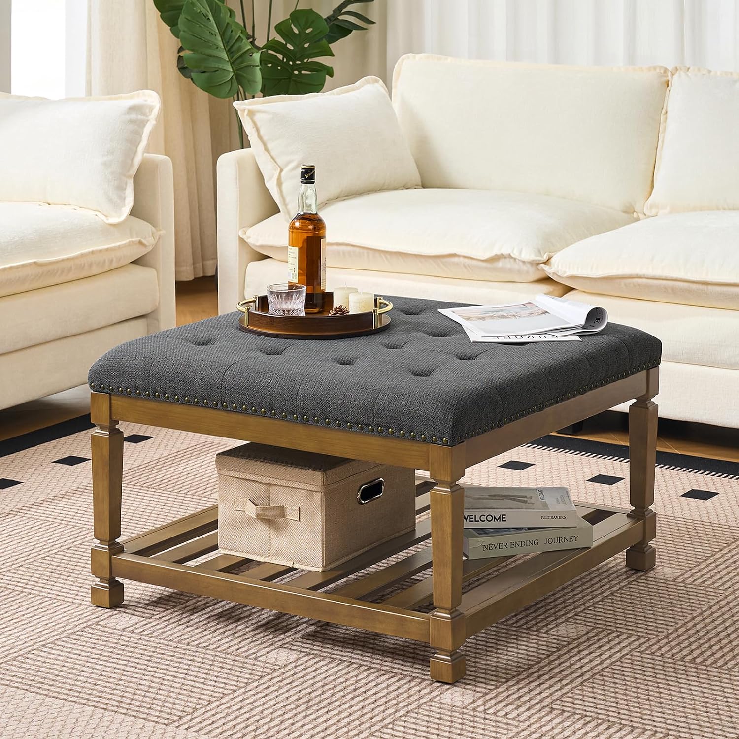 Befurtori Large Square Ottoman Coffee Table, Linen Solid Upholstered Footrest Ottoman with Solid Wood Shelf Storage Tufted Coffee Table for Bedroom Living Room-Dark Gray