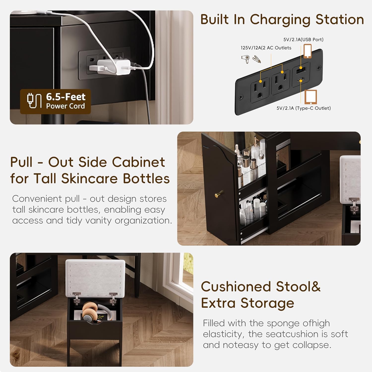 Corner Vanity Desk, Modern Makeup Vanity with 1 Drawers & Storage Stool Bedroom, with Adjustable Cabinet Open Shelves Drawer for Women (Black-1)